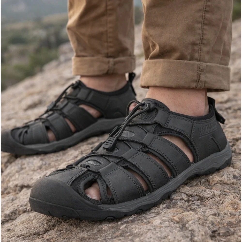 Khombu Closed Toe Quick-Lace Fisherman Sandals Men's Size‎ 12 Black Casual Wear